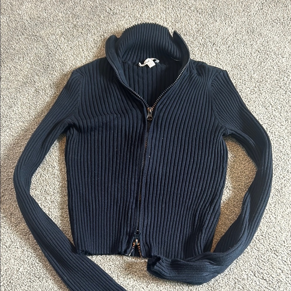 Blue Cowl Neck Ribbed Sweater
